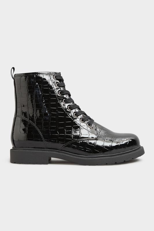 Black Patent Croc Chunky Lace Up Boots In Extra Wide Fit | Yours Clothing 3