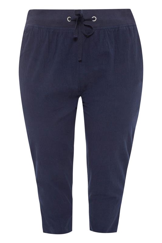 Curve Navy Blue Cool Cotton Cropped Trousers 4