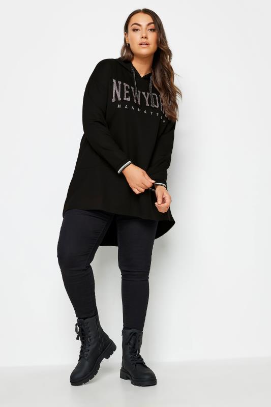 YOURS Plus Size Black 'New York' Glitter Embellished Hoodie | Yours Clothing 2