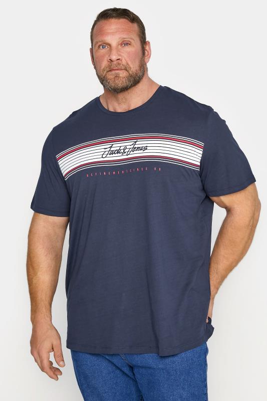 JACK & JONES Big & Tall Navy Blue Stripe Logo T-Shirt_A.jpg