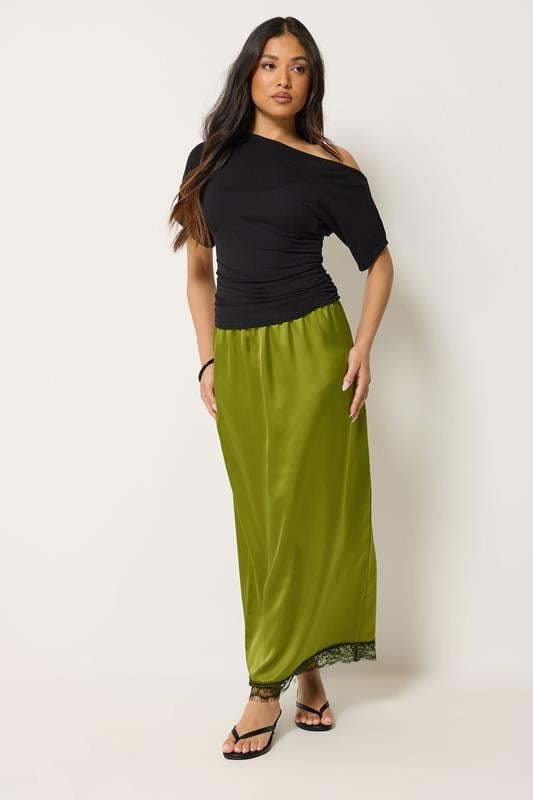  PixieGirl Petite Olive Green Lace Hem Satin Maxi Skirt