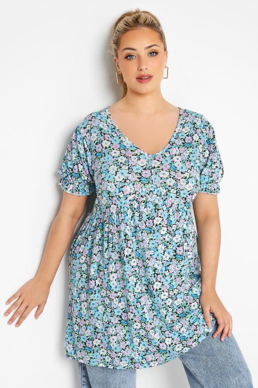 Plus Size  LIMITED COLLECTION Curve Blue Floral Print Puff Sleeve Smock Top