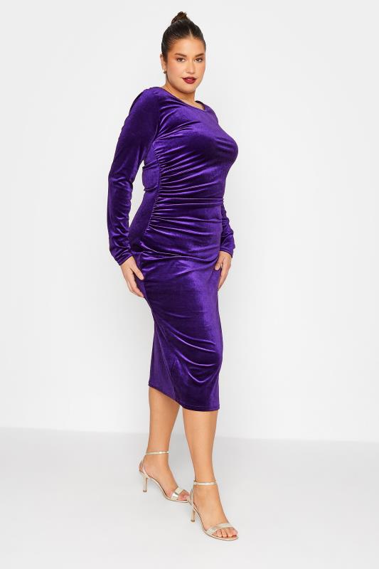  Tallas Grandes LTS Tall Purple Ruched Velvet Midi Dress