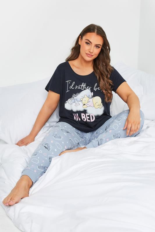 DISNEY Plus Size Blue 'I'd Rather Be In Bed' Winnie The Pooh Pyjama Set | Yours Clothing 1