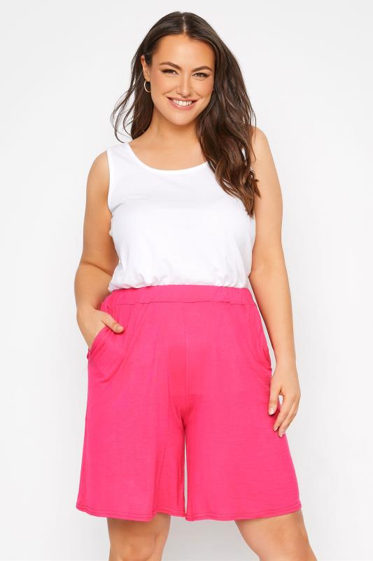 Plus Size  Curve Bright Pink Pull On Jersey Shorts