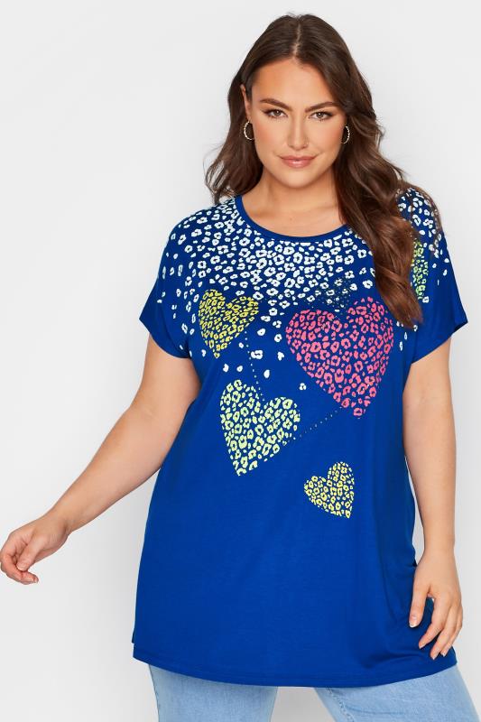 Plus Size Blue Leopard Heart Printed T-shirt | Yours Clothing 1