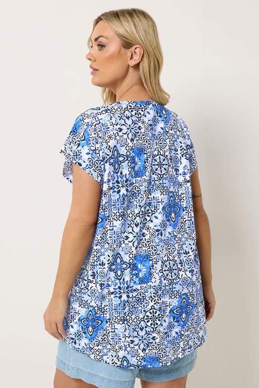 YOURS Plus Size Blue Mosaic Print T-Shirt | Yours Clothing 2