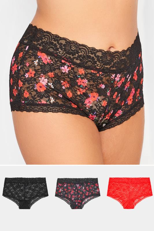 Plus Size  YOURS 3 PACK Curve Black & Red Floral Lace Shorts