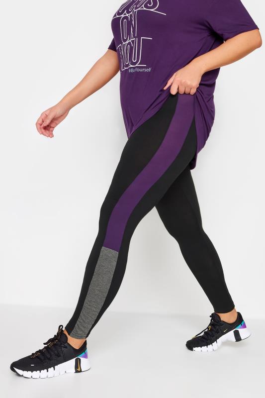 YOURS ACTIVE Plus Size Black & Purple Side Stripe Leggings | Yours Clothing 2