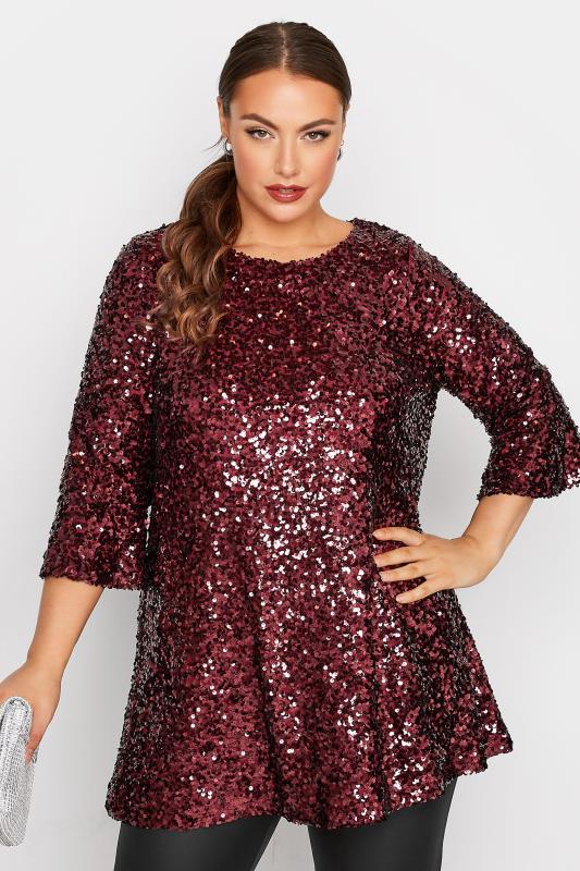 YOURS LONDON Plus Size Red Sequin Embellished Flute Sleeve Top | Yours Clothing 1