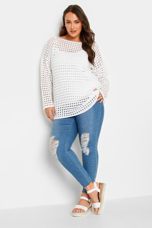 YOURS Plus Size Curve White Crochet Tunic Jumper | Yours Clothing  2