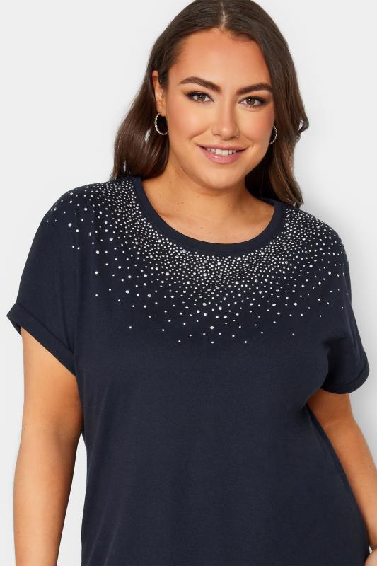 YOURS Plus Size Curve Navy Blue Sequin T-Shirt | Yours Clothing