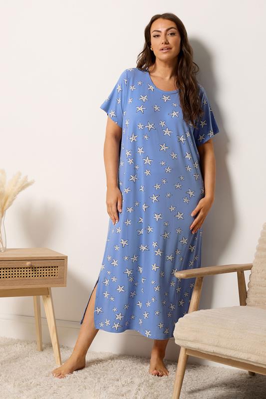 YOURSET Plus Size 2 PACK Blue Star & Shell Print Midaxi Nightdresses | Yours Clothing 1