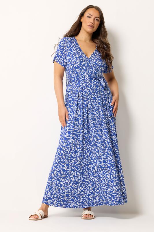 YOURS Plus Size Blue Ditsy Floral Wrap Front Dress | Yours Clothing 1
