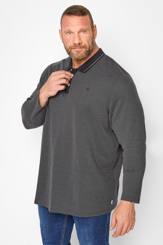 JACK & JONES Big & Tall Grey Long Sleeve Polo Shirt | BadRhino 1