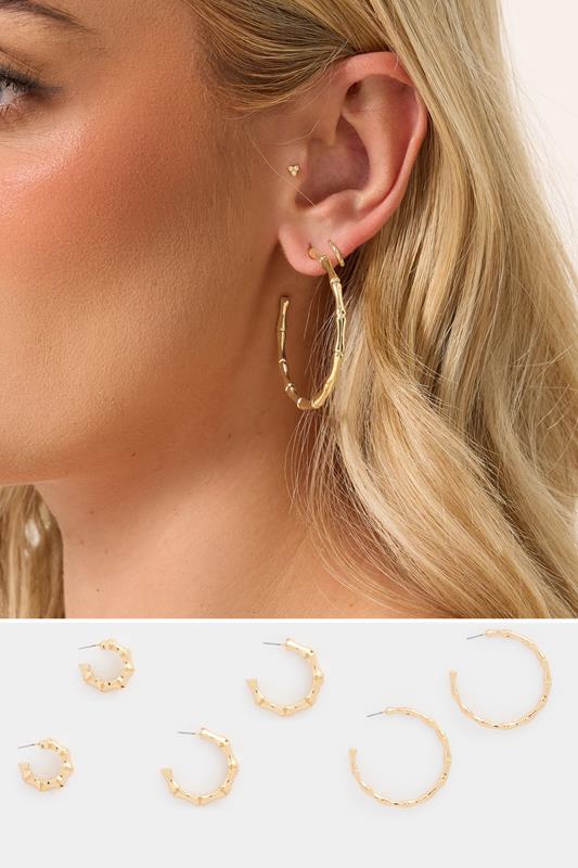 YOURSET 3 PACK Gold Tone Bamboo Hoop Earrings Set | Yours Clothing 1