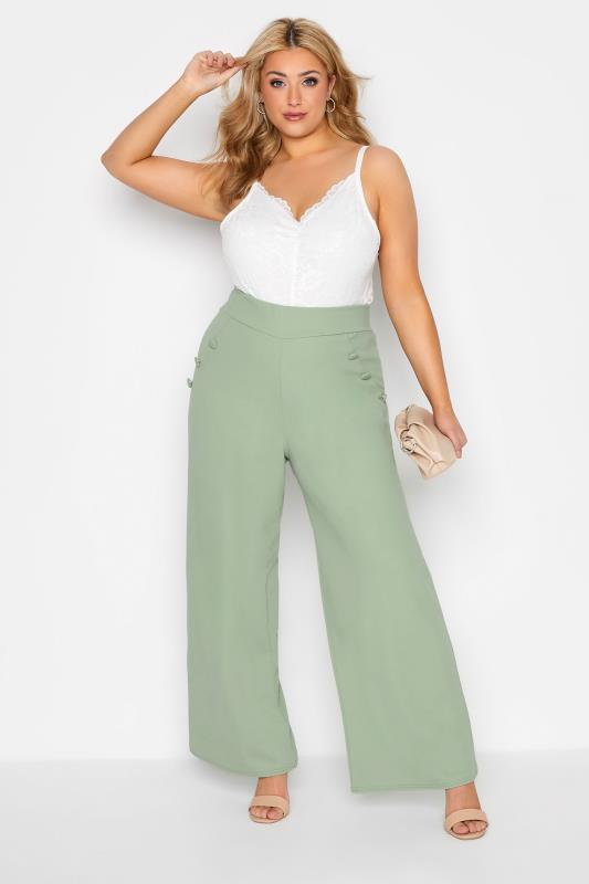 YOURS LONDON Plus Size Sage Green Button Scuba Crepe Wide Leg Trousers | Yours Clothing 2