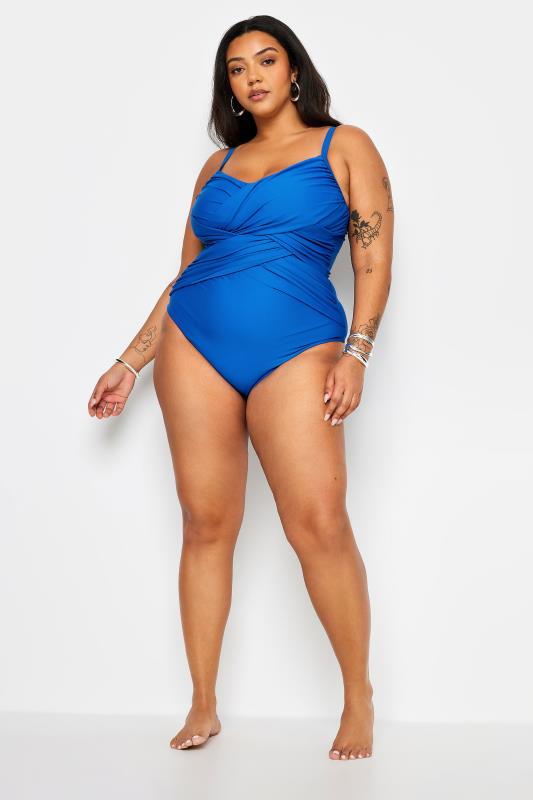 YOURS Plus Size Blue Double Crossover Tummy Control Swimsuit | Yours Clothing 2