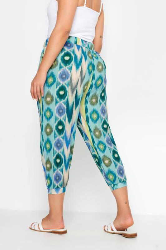 YOURS Plus Size Blue Abstract Print Textured Cropped Harem Trousers | Yours Clothing 3