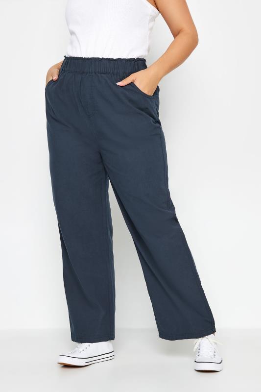 YOURS Plus Size Navy Blue Cool Cotton Wide Leg Trousers | Yours Clothing 1