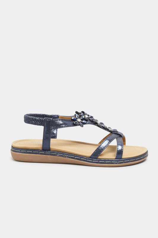 Navy Blue Glitter Floral Diamante Studded Sandals In Wide E Fit & Extra Wide EEE Fit 3