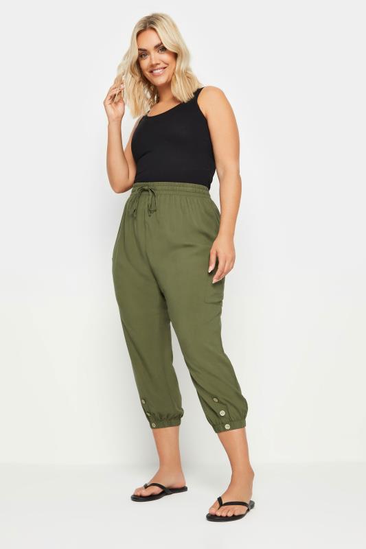 YOURS Plus Size Khaki Green Button Front Cropped Trousers | Yours Clothing 2