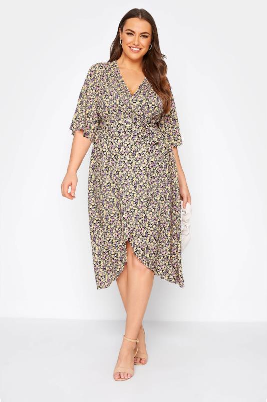YOURS LONDON Plus Size Purple Ditsy Floral Wrap Dress | Yours Clothing