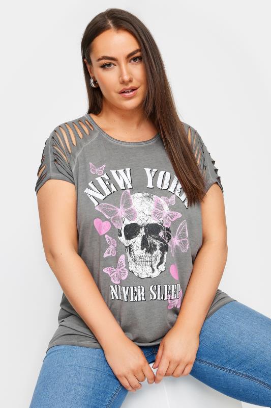 YOURS Plus Size Grey Cut Out 'New York' Slogan T-Shirt | Yours Clothing 1