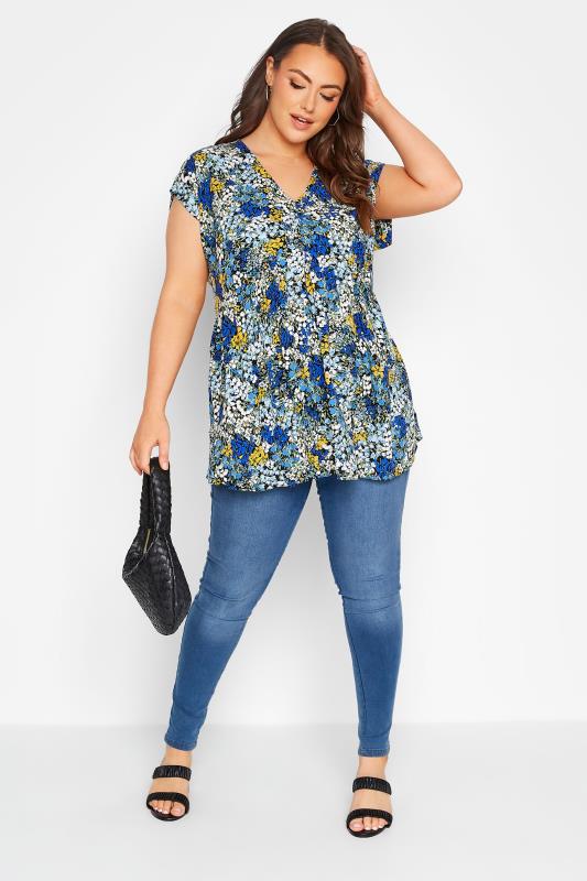 YOURS LONDON Curve Blue Ditsy Dipped Hem Top 2