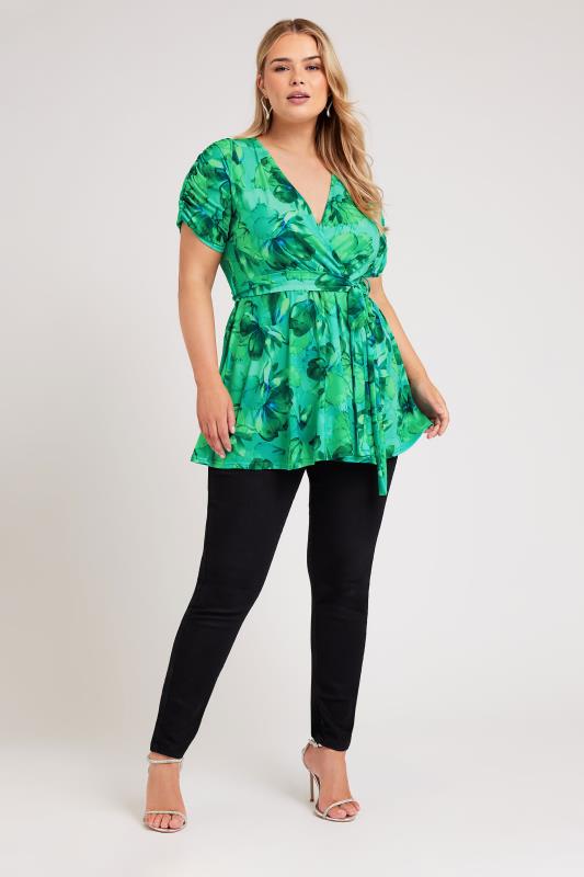 YOURS LONDON Plus Size Green Floral Print Wrap Top | Yours Clothing 3