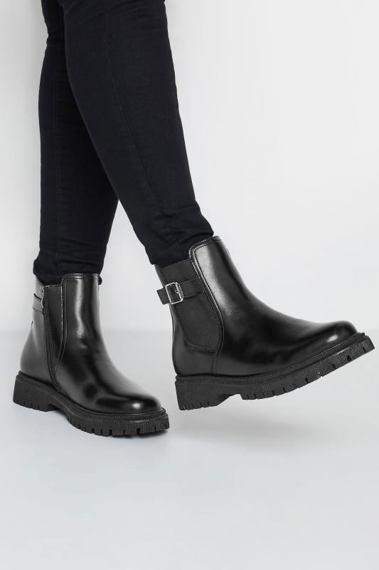 Grande Taille Black Chunky Buckle Ankle Boots In Wide E Fit & Extra Wide EEE Fit