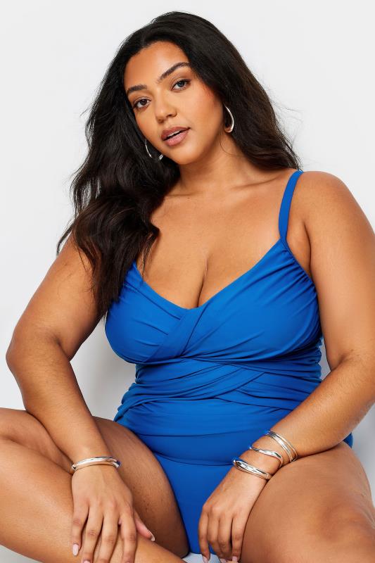 YOURS Plus Size Blue Double Crossover Tummy Control Swimsuit | Yours Clothing 5