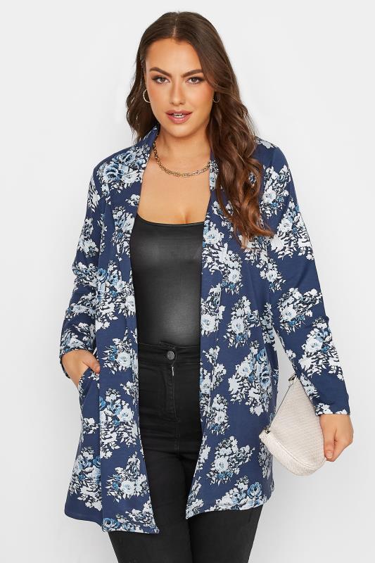 Plus Size Navy Blue Floral Longline Blazer | Yours Clothing 1
