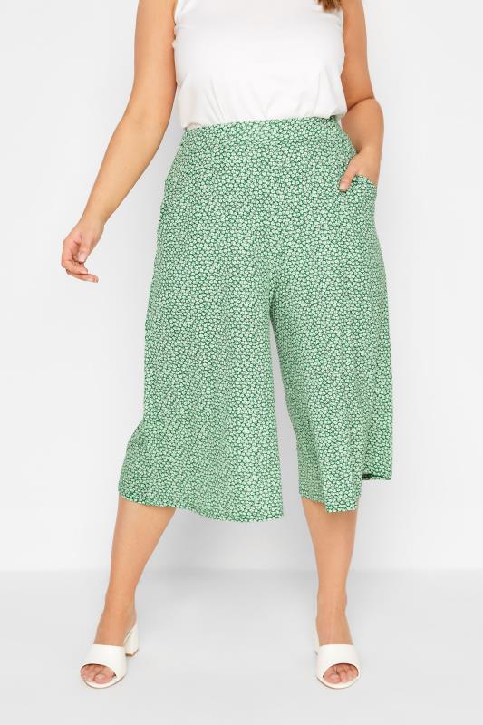 Plus Size  Curve Green Ditsy Print Jersey Culottes