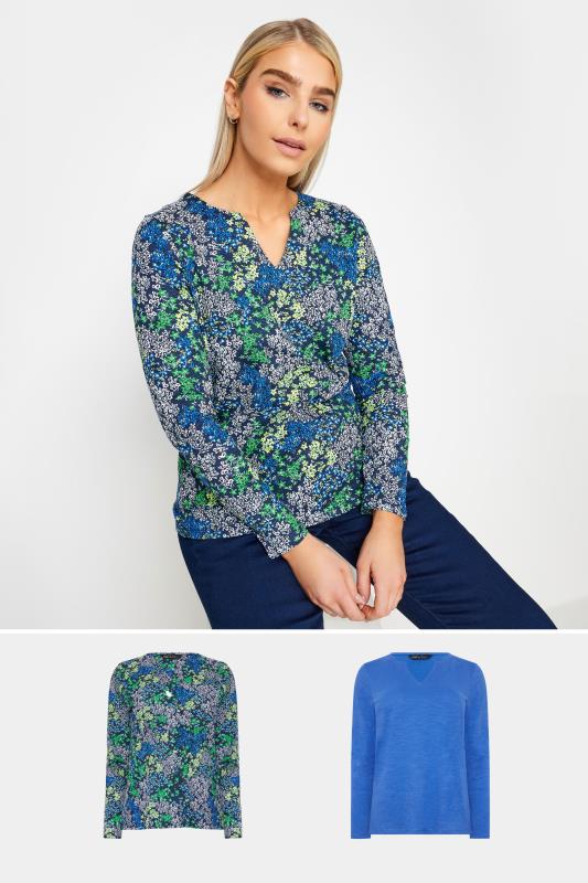 M&Co 2 Pack Blue Ditsy Floral Notch Neck Long Sleeve Tops | M&Co 1
