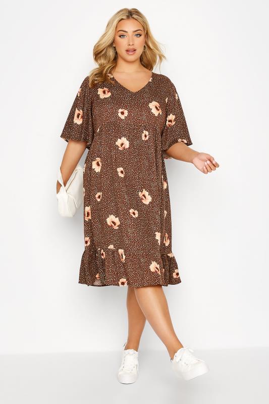 Plus Size  Curve Brown Floral Flare Sleeve Tunic Dress