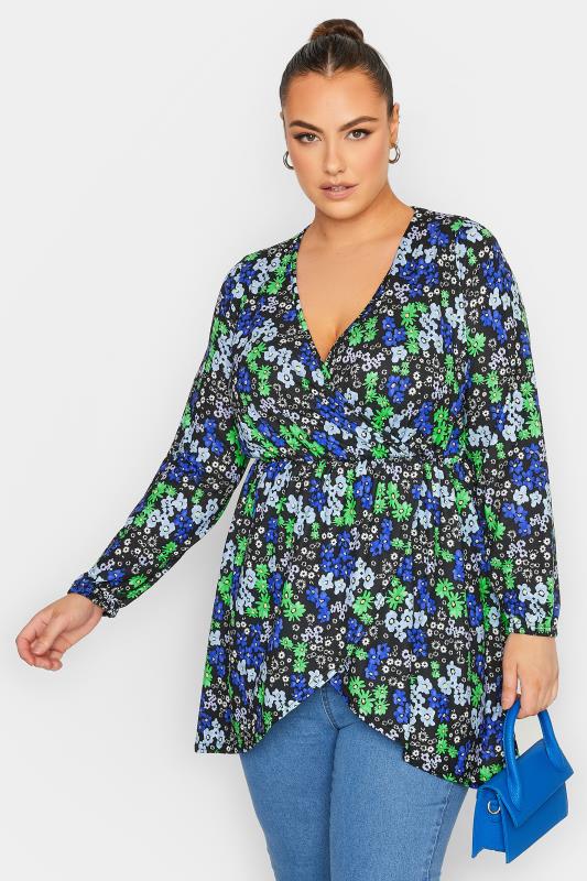 LIMITED COLLECTION Plus Size Blue Floral Print Wrap Top | Yours Clothing 1
