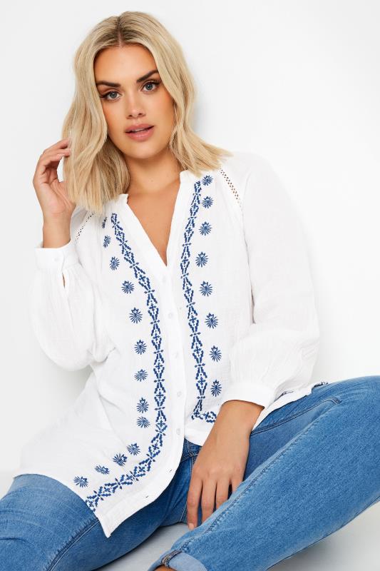 YOURS Plus Size White & Navy Blue Cheesecloth Blouse | Yours Clothing 1