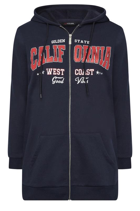 YOURS Curve Plus Size Navy Blue 'California' Slogan Zip Up Hoodie | Yours Clothing  6