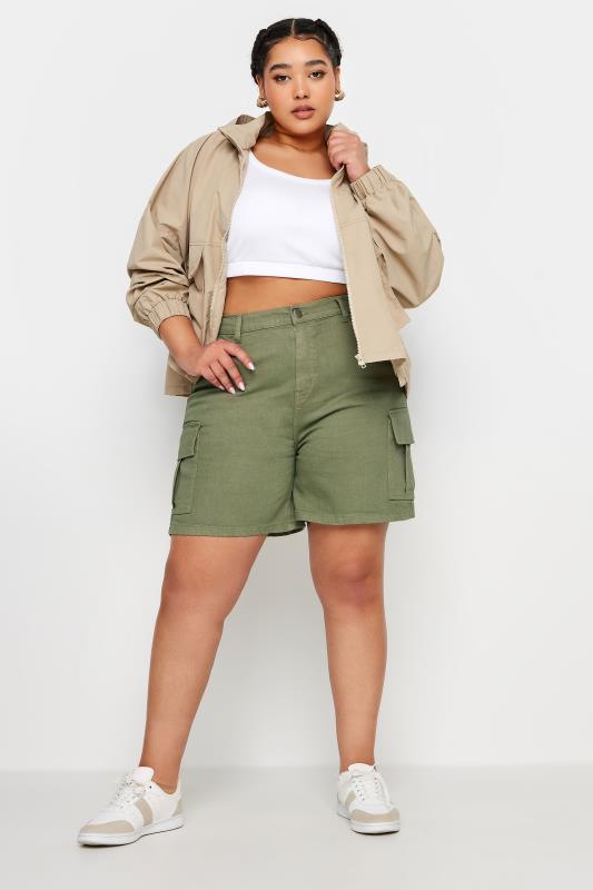 YOURS Plus Size Khaki Green Stretch Denim Cargo Shorts | Yours Clothing 2