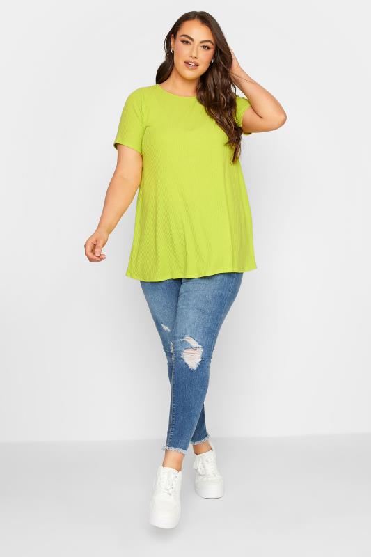 YOURS Curve Plus Size Lime Green Ribbed T-Shirt | Yours Clothing  2
