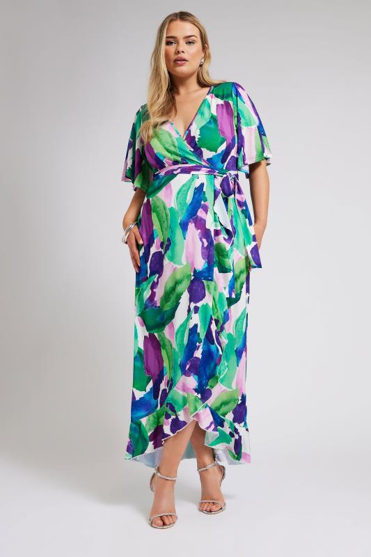 YOURS LONDON Curve Green Abstract Floral Print Wrap Dress | Yours Clothing 2