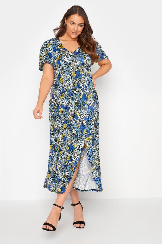 Plus Size  YOURS LONDON Curve Blue Floral V-Neck Tea Dress