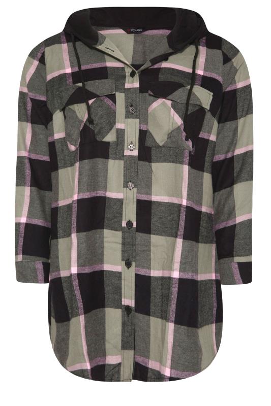 Plus Size Khaki Green & Black Hooded Check Shirt | Yours Clothing 6
