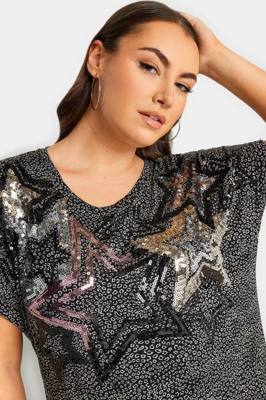 YOURS Plus Size Black Star Sequin Embellished T-Shirt | Yours Clothing