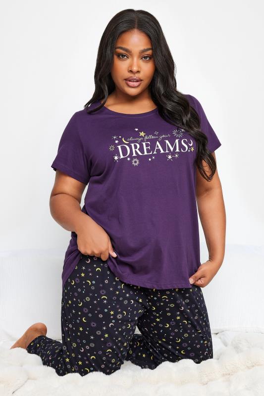 YOURS Plus Size Purple 'Always Follow Your Dreams' Star Print Pyjama Set | Yours Clothing 1
