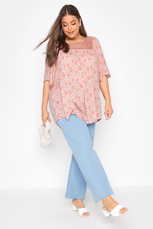 Plus Size Coral Pink Floral Square Neck Top | Yours Clothing 2