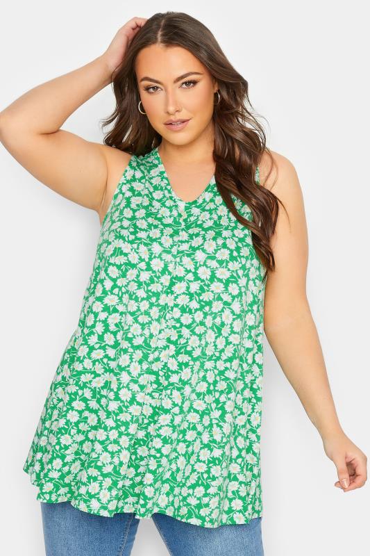 YOURS Plus Size Green Daisy Pleat Swing Vest Top | Yours Clothing 1