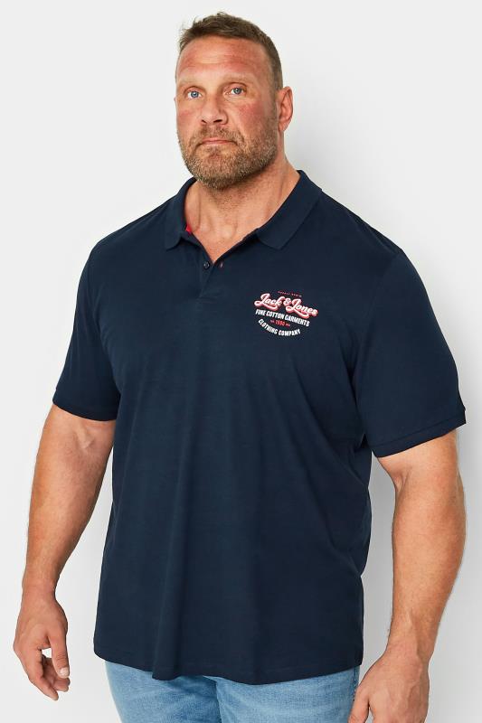 JACK & JONES Big & Tall Navy Blue Logo Print Polo Shirt | BadRhino  1