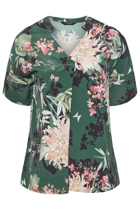 Curve Dark Green Floral Short Sleeve Shirt | Yours Clothing 5